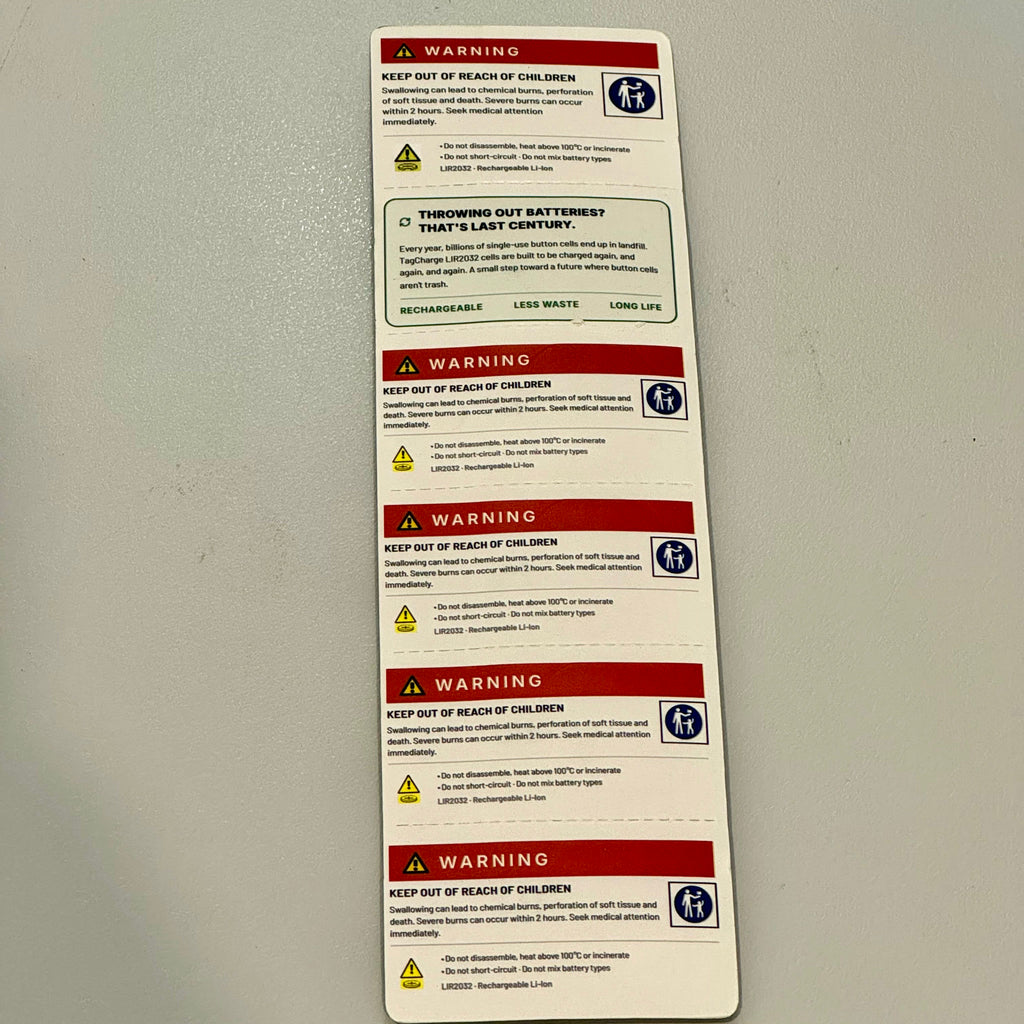 Back of TagCharge LIR2032 5-pack showing AS 5808:2020 child safety warnings and Poisons Information Centre number