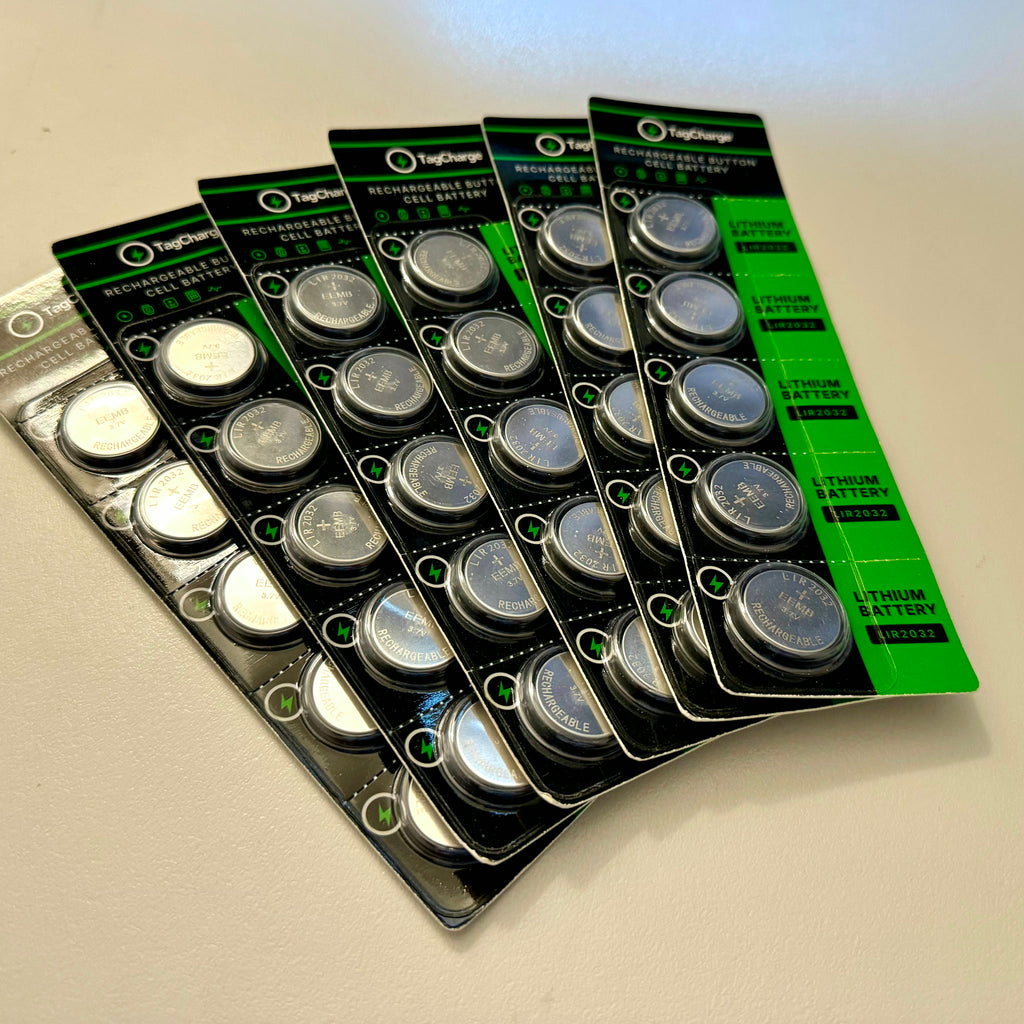 Multiple TagCharge LIR2032 rechargeable battery 5-packs fanned out